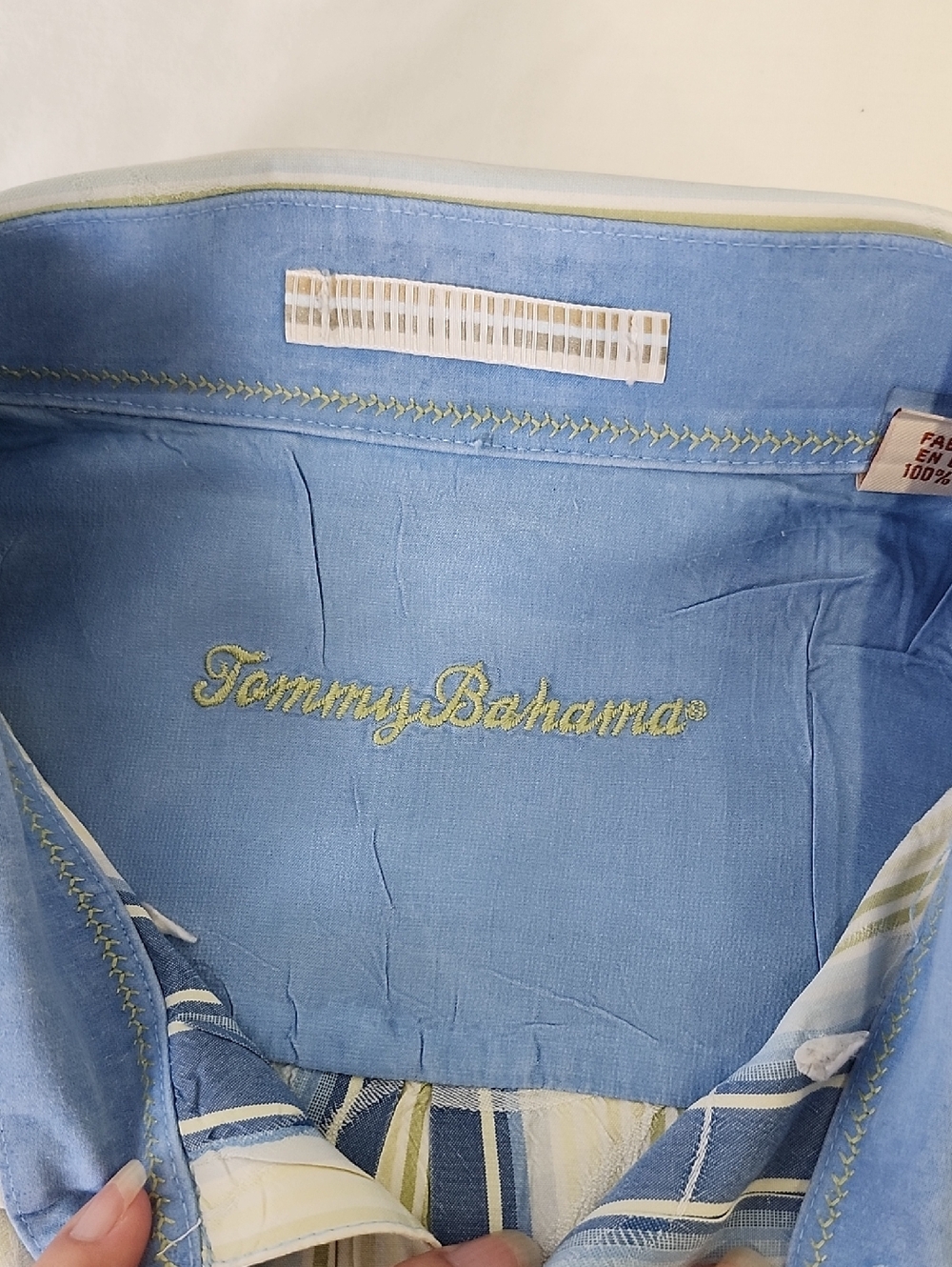 Tommy Bahama Mens Blue Green Vertical Stripe Silk Button-Down Shirt Size XL EUC - Picture 3 of 9